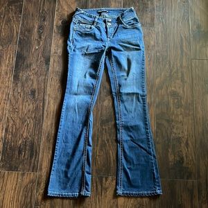 Dark wash low rise book cut jeans